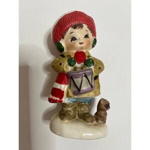 Vintage‎ Napco Winter Boy 4 1/2" ceramic figurine with drum and cat